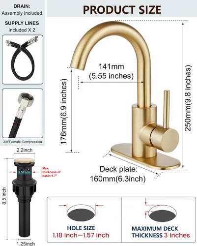Miniatura 4 de Midanya Grifo de baño de un solo agujero, grifo de fregadero de barra de 1 agujero, adecuado para tocador de cocina, RV, boquilla giratoria de acero
