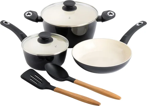 Gibson Home Plaza Café - Juego de utensilios de cocina de aluminio forjado saludable sin PFA, juego de 7 piezas, color negro
