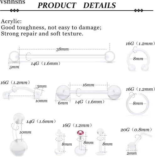 Miniatura 4 de Vsnnsns Piercing para el cuerpo, 14G-20G, acrílico, transparente, para nariz, labio, lengua, ceja, septum, cartílago, tragus, ombligo, ombligo