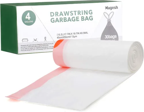 Magesh Bolsas de basura pequeñas con cordón de 4 galones, 30 unidades, color blanco
