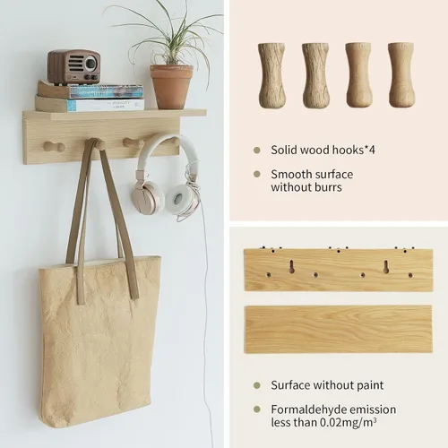 Miniatura 6 de Perchero de pared con estante, estante flotante de madera resistente con ganchos para ahorrar espacio interior, organizador de pared adecuado