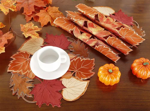 Miniatura 3 de Juego de 4 manteles individuales de otoño de 14 pulgadas con apliques bordados de hojas de arce bordadas para el hogar, cena, vacaciones, cosecha