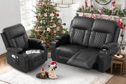 Miniatura 31 de FURNIMAT Sofá reclinable biplaza, sofá reclinable doble de 3 plazas con consola abatible, moderno sofá biplaza de cuero PU para sala de estar/casa