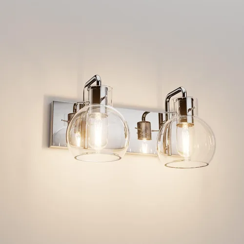 Tipace Lámpara de tocador de baño vintage cromada, 2 luces, moderna de acero inoxidable con globo de vidrio transparente, aplique de iluminación