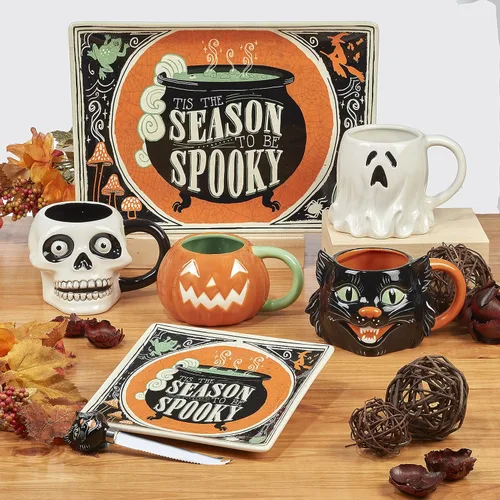 Miniatura 4 de Juego de 4 tazas de Halloween – Tazas de café de cerámica espeluznantes con diseños vintage de truco o trato – gato negro, esqueleto, calabaza