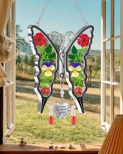 Miniatura 3 de KY&BOSAM Regalos para mamá atrapaluz de mariposa "God bless my mother-in-law" de vitral para ventanas, campanilla de viento, adorno colgante