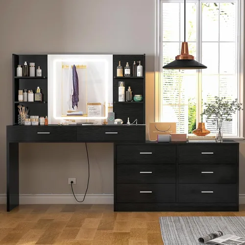 Miniatura 15 de FIONESO Escritorio grande con espejo y luces, tocador de maquillaje con 11 cajones y 6 estantes abiertos, 3 modos de iluminación, brillo ajustable