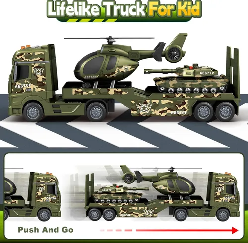 Miniatura 5 de Bstoyder - Juguetes para niños pequeños de 3, 4, 5, 6, 7 años, camión militar semi-escala de 63,5 cm con helicópteros y tanque, juguetes militares