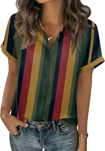 Miniatura 23 de Zeagoo Blusas de verano de manga corta para mujer, camisas casuales con botones, blusas de trabajo de negocios sólidas/a rayas