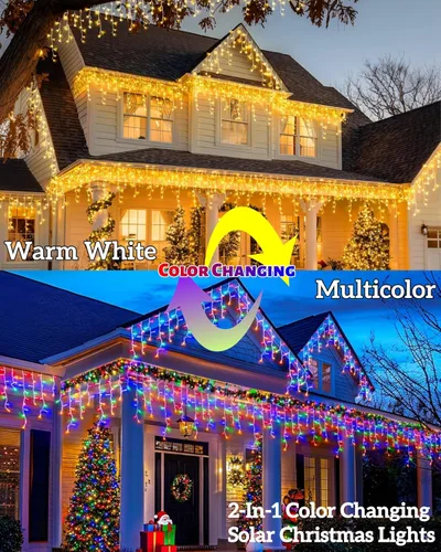 Miniatura 8 de Luces solares de Navidad para exteriores, 640 LED, 16 pies + 60 pies, luces solares de carámbano que cambian de color, impermeables, con 13 modos