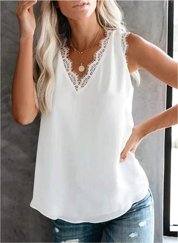 Miniatura 2 de BLENCOT - Blusa sin mangas con ribete de encaje para mujer, cuello en V, estilo casual, sin mangas