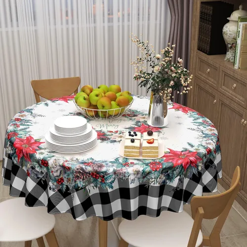 Miniatura 7 de Mantel de Navidad de Pascua redondo de 60 pulgadas, diseño de copos de nieve de búfalo negro, lavable, resistente a las arrugas, resistente a
