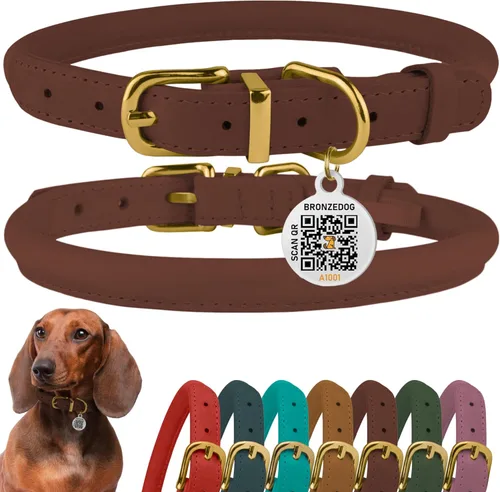 Miniatura 7 de Collar de cuero enrollado, redondo, suave y ajustable con placa de identificación por QR para perro pequeño, mediano y grande, cachorro y gato Rosa
