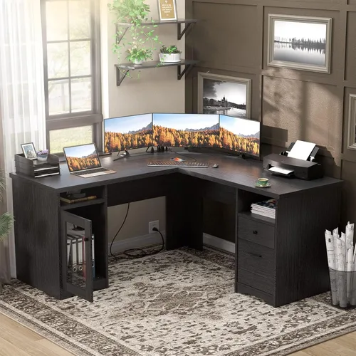 Miniatura 5 de Unikito Escritorio de oficina en forma de L con cajón, escritorio para computadora de 60 pulgadas con toma de corriente y puerto de carga USB, Negro