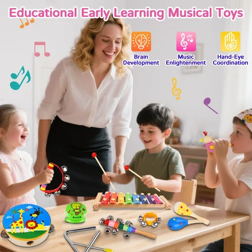 Miniatura 5 de Juego de instrumentos musicales para niños, 20 piezas de instrumentos de percusión de madera para bebés y niños con maracas de xilófono pandereta