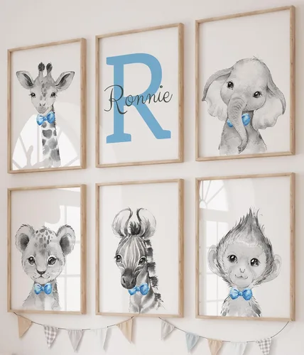 Miniatura 13 de Animales de safari personalizados para habitación de bebé, niño, niña, cuarto de bebé, juego de 3 impresiones sin marco, nombre personalizado, gris