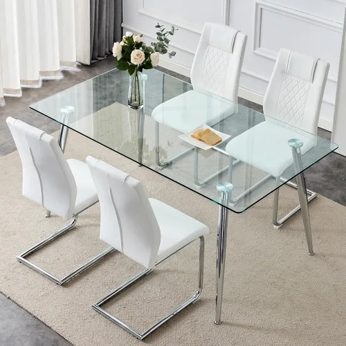 Miniatura 25 de Juego de mesa de comedor en blanco y negro de 51 pulgadas para 4, mesa de cristal minimalista moderna y 4 sillas tapizadas de piel sintética