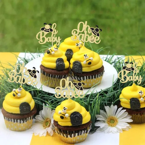 Miniatura 4 de Gyufise 24 piezas de adornos para cupcakes de abeja con purpurina dorada, adornos dorados para pasteles Oh Baby, adornos para cupcakes Oh Babee