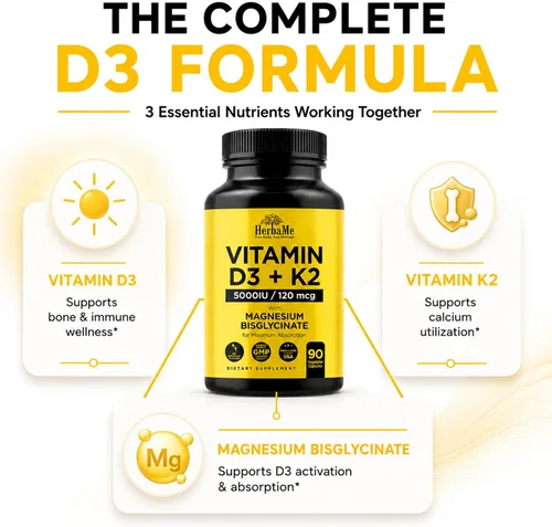 Miniatura 3 de HerbaMe Vitamina D3 5000 UI + K2 con bisglicinato de magnesio Fórmula completa de apoyo para la activación y absorción D3 Bienestar óseo