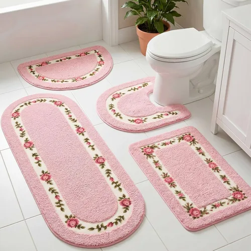 Miniatura 8 de Timgle Juego de 4 alfombras de baño con diseño de coqueta de rosas y flores, antideslizantes, absorbentes, lavables, tapete de baño floral