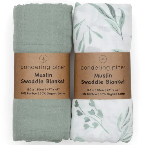 Organic Baby Muslin Swaddle Blankets for Boy or Girl - Eucalyptus Leaves and Sage Swaddling Blanket 2 Pack - Soft Muslin, XLarge and Breathable,