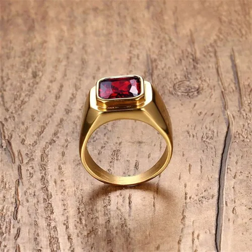 Miniatura 5 de PMTIER - Anillo de acero inoxidable chapado en oro con piedra cuadrada disponible en varios