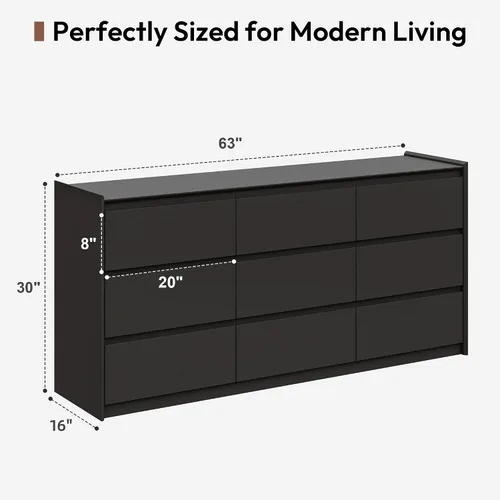 Miniatura 3 de Cómoda extra ancha de 9 cajones para dormitorio, cómoda de madera moderna, armario de almacenamiento resistente sin asas con kit antipuntas, mesa