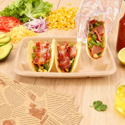 Miniatura 7 de 24 soportes desechables para tacos con 100 forros y 100 guantes, platos de tacos de fibra natural resistentes, bandejas de tacos de 3 compartimentos
