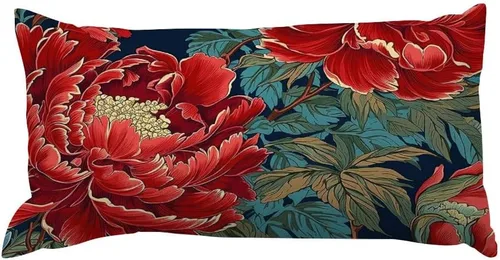 Miniatura 10 de Chinoiserie Throw Pillow Case Red Peony Floral Lumbar Pillowcases Asian Style Decorative Pillow Home Cotton Linen 12x18 Rustic Cushion Cover for