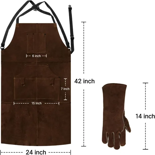 Miniatura 2 de eletecpro Delantal de Cuero de Trabajo Pesado para Soldadura de Cuero Genuino de Vaca Resistente a Llamas y Calor Ajustable 42L x 24A con 6 Marrón