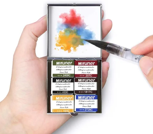 Miniatura 14 de Mini Juego de Caja de Lata de Viaje de Pintura de Acuarela de Artista Portátil Hecha a Mano con 6 Medias Bandejas Sólidas con Purpurina Nacarada