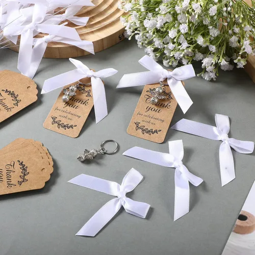Miniatura 5 de Sureio 40 juegos de llaveros de ángel, regalos de bautismo, llaveros plateados con dije de ángel con etiquetas de agradecimiento y lazos blancos