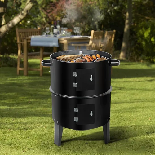 Miniatura 9 de Shikha Ahumador de barbacoa de carbón de 17 pulgadas con rejillas de dos niveles y termómetro al aire libre para fiestas en casa, humo vertical