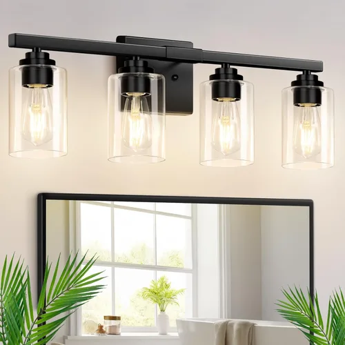 VerRon 4 luces de baño, modernas luces de tocador negro mate sobre espejo con pantallas de vidrio transparente, aplique de pared de baño para