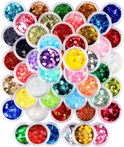 FANDAMEI Purpurina gruesa, purpurina holográfica de 48 colores para manualidades, purpurina arcoíris para arte de uñas de resina, manualidades de
