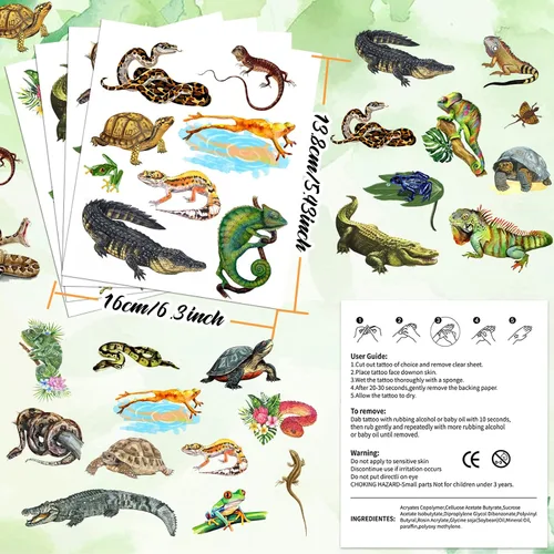 Miniatura 7 de Tatuajes temporales de reptiles, 16 hojas, 100 piezas de calcomanías con temática de reptiles, suministros de decoración de fiesta, recuerdos