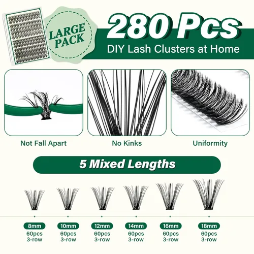 Miniatura 4 de Kit de extensión de pestañas DIY KEYYOU 300 piezas, kit de racimos de pestañas con removedor de pegamento y aplicador, fácil de usar
