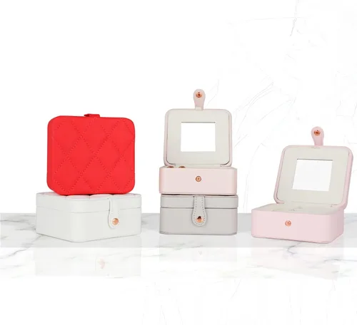 Miniatura 5 de Joyero de viaje con espejo, mini estuche de viaje de piel sintética para mujeres y niñas, pequeño organizador de joyas portátil para anillos
