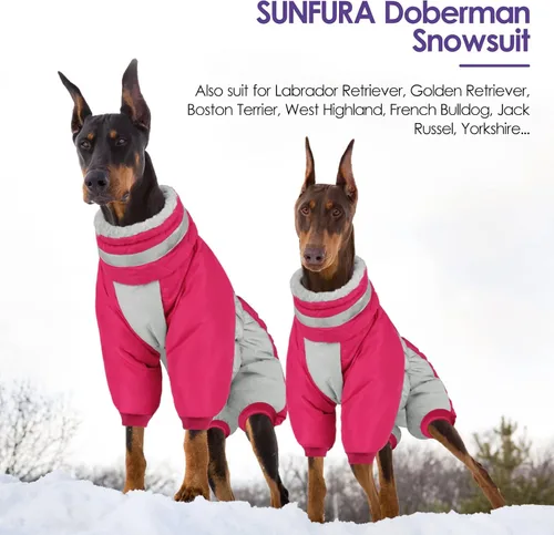 Miniatura 7 de Abrigo de cuerpo completo para perro – Chaqueta cálida de vellón para perros grandes, abrigos de invierno de cuello alto con arnés, traje de nieve