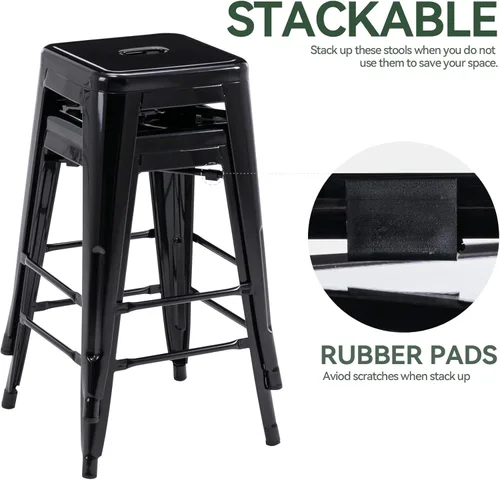 Miniatura 6 de Vogue Furniture Direct 24" Taburetes de bar de metal sin respaldo negros para interiores/exteriores, altura para encimera con asiento cuadrado