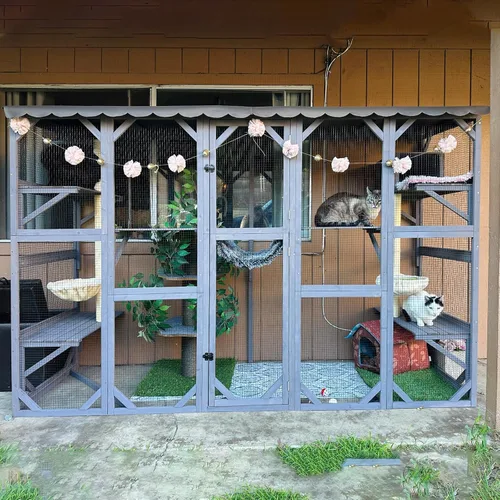 Miniatura 15 de Aivituvin Catio - Recinto para gatos al aire libre con 7 plataformas, 2 cajas de descanso, casa para gatos con ventana grande para 4-6 gatos Gris