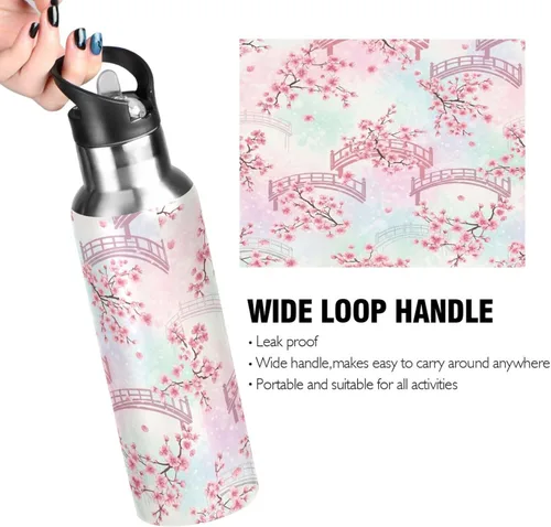 Miniatura 4 de BPA-Free Sports Water Bottle with Straw 32 Oz, Insulated Stainless Steel Water Bottle with Straw for Gym Outdoor Travel School, Cherry Blossom