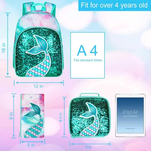 Miniatura 8 de 3 mochilas para niñas, 16 pulgadas con lentejuelas para preescolar y lonchera