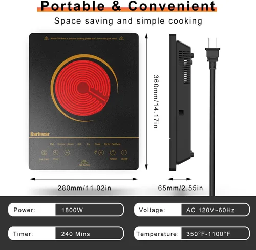 Miniatura 6 de Karinear - Estufa eléctrica portátil, 1800 W, 110 V, estufa eléctrica Ceramic Cooktop, Sensor Touch Control,Safety Lock, Timer, Overheat