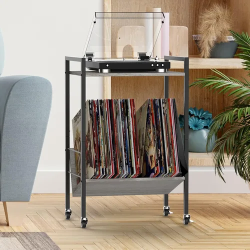 Miniatura 8 de YBING Soporte para tocadiscos con almacenamiento de discos, mesa de almacenamiento de discos de vinilo, mesas auxiliares de 2 niveles, soporte