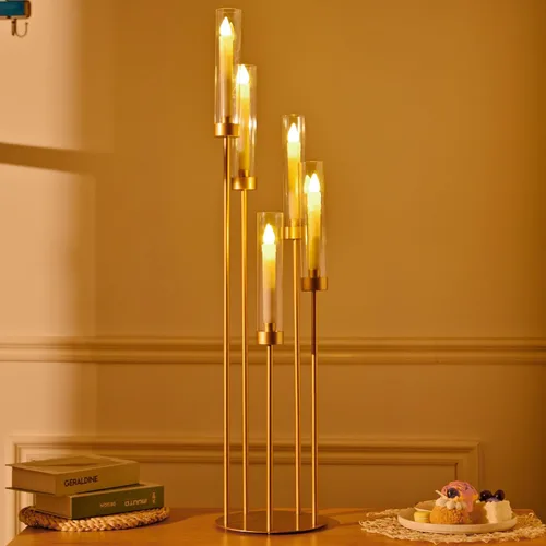 Miniatura 9 de Candelabro de 5 brazos con pantalla acrílica, juego de 4 candelabros dorados para mesa de boda, fiesta de cumpleaños, decoración del hogar, 39.4