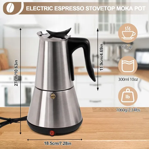 Miniatura 2 de Olla eléctrica de acero inoxidable para 6 tazas de 10.1 fl oz, cafetera expresa, cafetera portátil, cafetera italiana, clásica, Greca, Café, moca