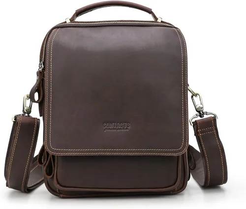 CONTACTS Bolso de mensajero de cuero de grano completo para hombre, bolso de hombro cruzado, bolso de viaje para iPad de 10.5 pulgadas (marrón)