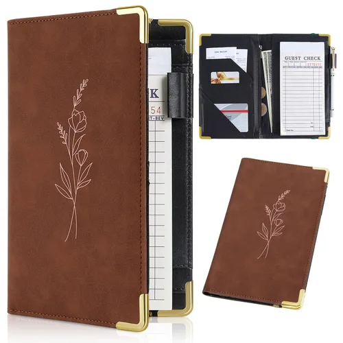 Miniatura 12 de Libros de servidor para camarera - Bonito libro de camarera con bolsillo para dinero, libro de cuero con cartera y bolsillo con cremallera. Flores a