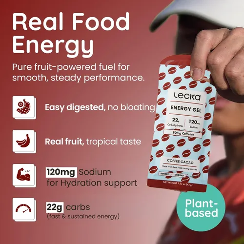 Miniatura 2 de Lecka Gel energético, 12 geles para ejercicio de resistencia, fabricado con frutas reales y semillas de albahaca, proporciona energía natural